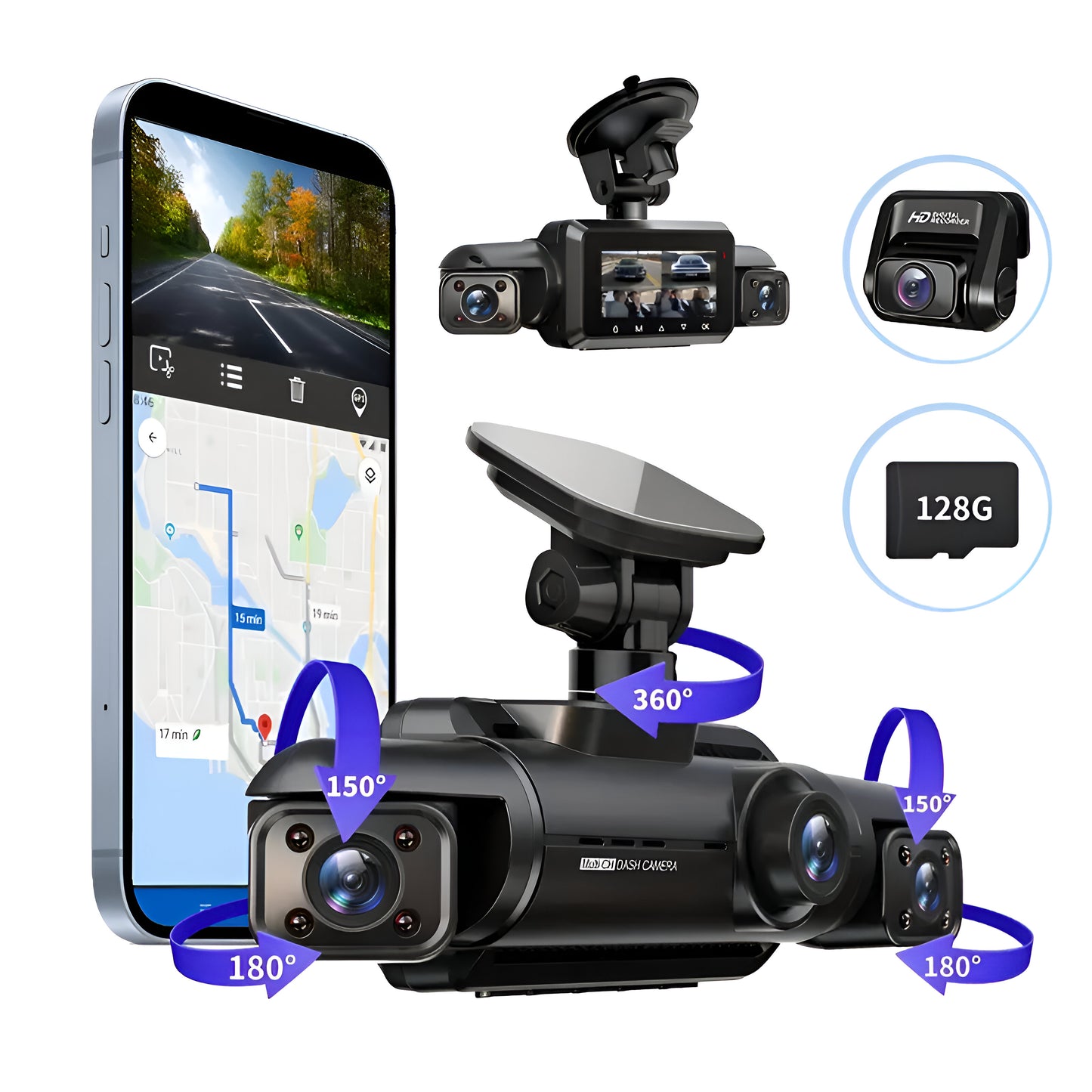 Car Monitor with Double Recording - 360-Degree, Routing-Free