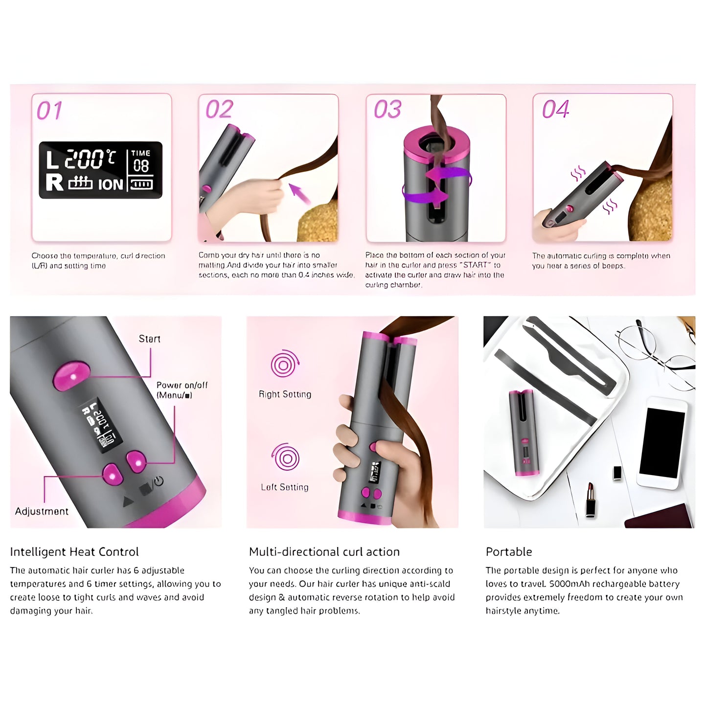 Cordless Hair Curler with Adjustable Temperature & Timer - USB Rechargeable, Portable Styling Tool for Salon-Quality Curls