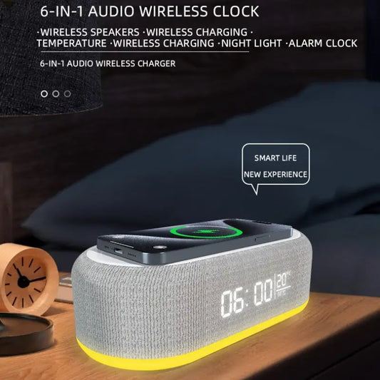 Portable 6-in-1 Speaker - Wireless Charger, Wireless Charger Alarm Clock